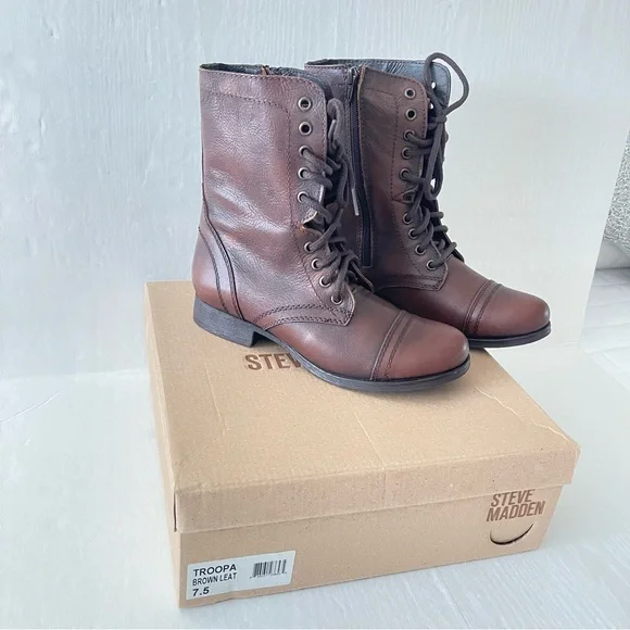 Steve Madden Troopa, Brown Leather Moto Combat Boot sz 7.5 - Picture 2 of 6